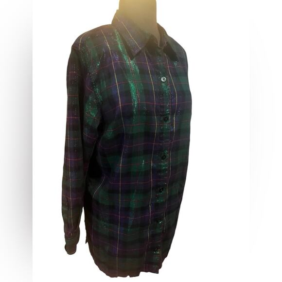 Vtg Y2K Metallic Plaid Button Front Festive Preppy Glam Holiday Blouse 14/16 - Picture 3 of 7